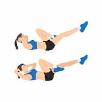 Abdos Bicyclette : Exercice de Musculation Abdominale Femme effectuant l'exercice d'abdos bicyclette en alternant coudes et genoux pour muscler les abdominaux.