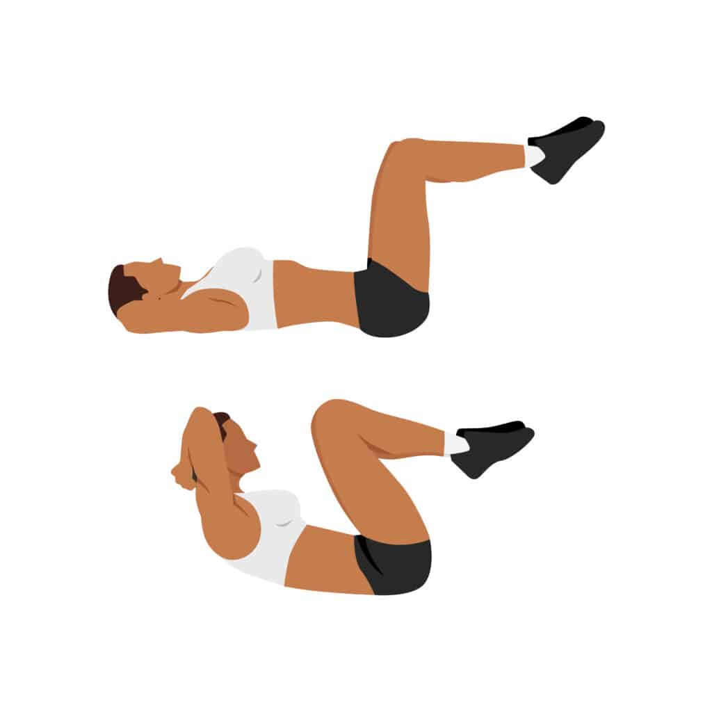 Crunch Abdominaux avec Jambes Relevées : Guide Complet Femme faisant des abdominaux crunch jambes relevées, montrant les positions de départ et de contraction.