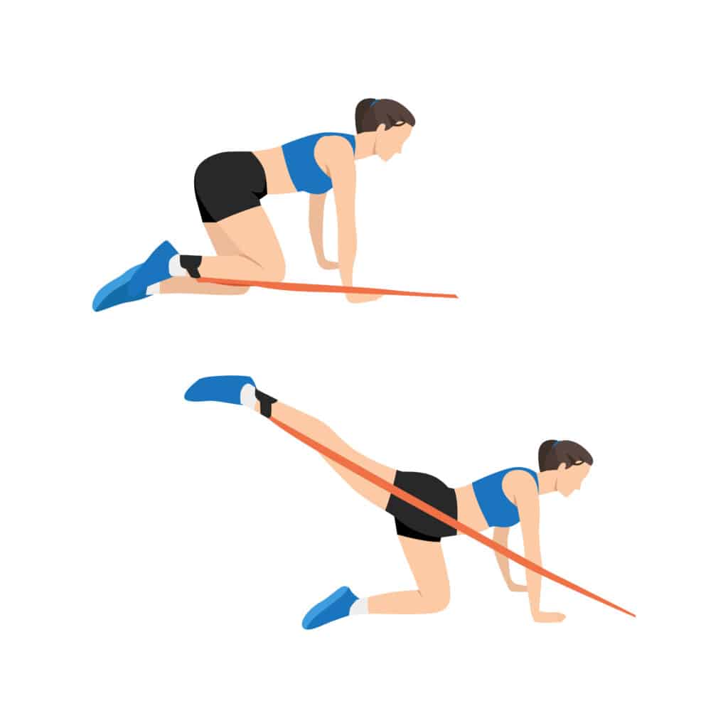 Muscler les Fessiers : Extension de Jambe avec Bande Femme effectuant des extensions de jambe à quatre pattes avec une bande de résistance pour muscler les fessiers.