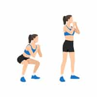 Exercice de Squat : Technique et Mouvement Correct Femme faisant des squats, positions accroupie et debout, fitness et renforcement musculaire des jambes.