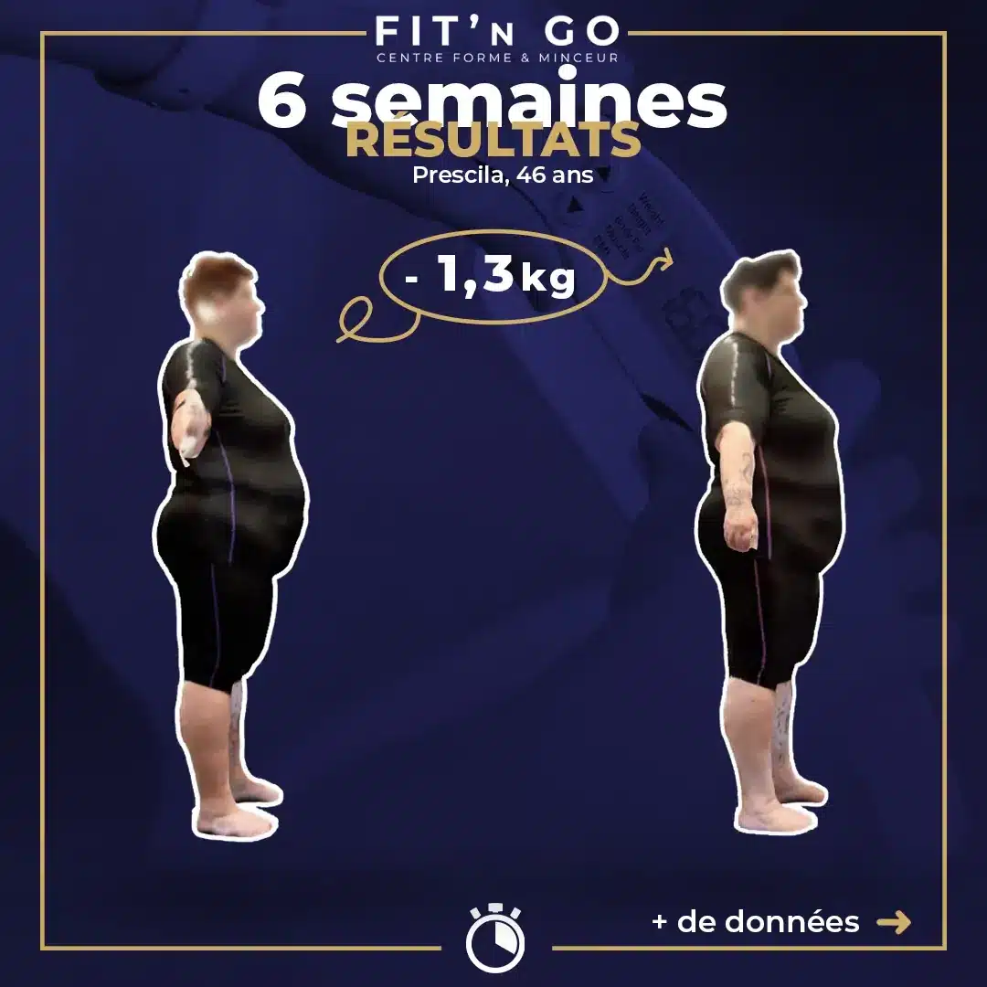 Résultats FIT'N GO : Prescila perd 1,3 kg en 6 semaines. Avant-après de profil pour transformation corps et minceur.