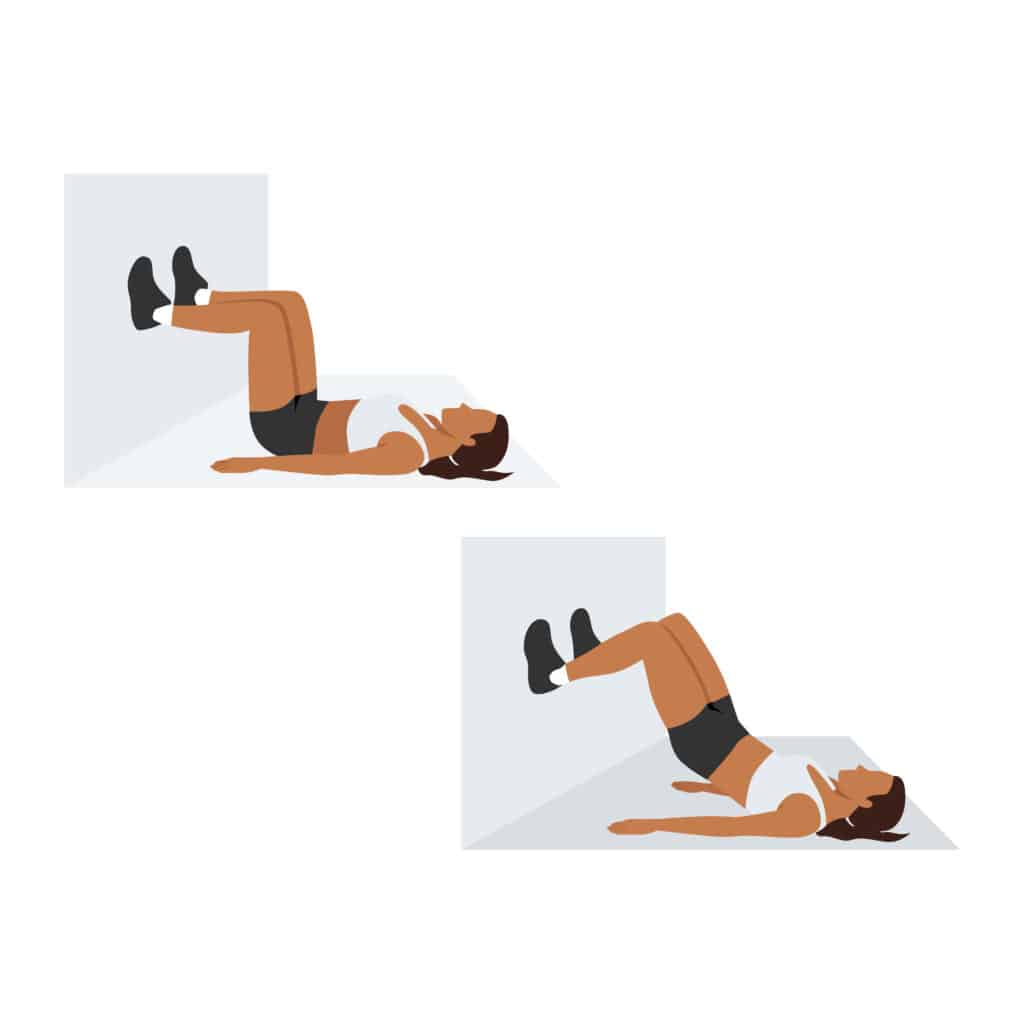 Exercice Fessier : Le Pont contre le Mur Pas à Pas Femme effectuant un pont fessier contre un mur en deux étapes : position de départ et hanches levées.